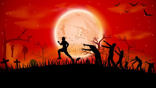 illustration of man ruuning out from crowd zombies near cemetery